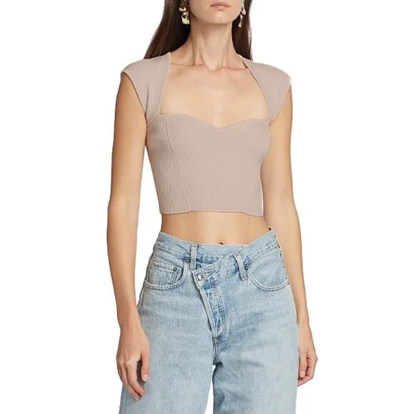 Jonathan Simkhai Womens Abia Compact Rib Sweetheart Neck Cropped Tee Top Size L - Picture 1 of 6